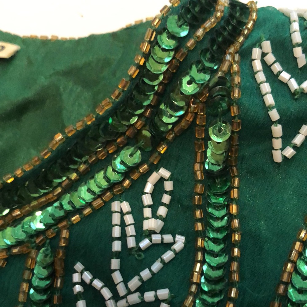 Sequin Green Beaded Short Sleeve Formal Top Elegant Green Beaded Top 80s Dynasty - Picture 11 of 16